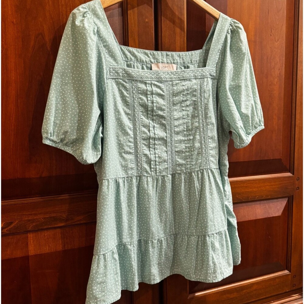 LOFT Women's Green Polka Dot Puff Sleeve Square Neck Cotton Blouse Top Large - Picture 8 of 13
